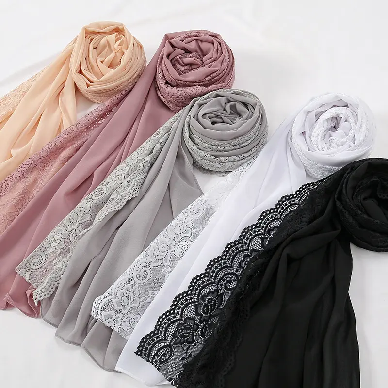 Lace Trim Plain Premium Malaysia Heavy Pearl Chiffon Long Muslim Malay Hijab Veil Tudung Bawal Scarves
