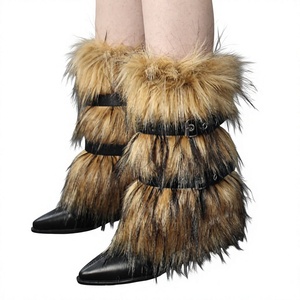 Bottes d'hiver chics de style <span class=keywords><strong>européen</strong></span> et américain pour femmes, talon aiguille, polyuréthane, mi-mollet, fausse fourrure de renard, antidérapantes, chaudes, bottes de neige - Product Image 1