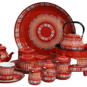 Saudi Arabia Desinging Enamelware Set Metal Steel Enamel Tableware Stove plate Coffee Warmer Teapot Mug Set