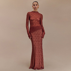 Lace Two-Piece Set Long Sleeve High Neck Sheer <b>Top</b> Slim Fit Skirt Solid Color Summer <b>Wedding</b> Dress FDC1131 - Product Image 1