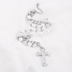 สร้อยคอรูปกางเขนประดับมุกและเพชร จี้รูปกางเขน โซ่ไทเทเนียมสตีล สำหรับแฟชั่นยูนิเซ็กซ์ เครื่องประดับลูกปัด - Product Image 1