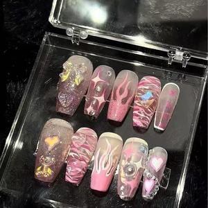 <span class=keywords><strong>Uñas</strong></span> Postizas Acrílicas Hechas a Mano con Incrustaciones de Diamantes de Imitación en 3D con Diseño de Almendras, Sin Rastro, Cobertura Completa, Pegamento - Product Image 1