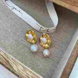 Pendientes barrocos irregulares Francés Retro Verano Nicho largo Moda Oro Perla de agua dulce - Product Image 2