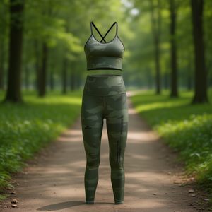 Conjunto Deportivo para Mujer en Verde Militar con Camuflaje, con Almohadillas Extraíbles, Leggings de Alta Elasticidad y Top Corto Cruzado, 75% Poliamida - Product Image 2