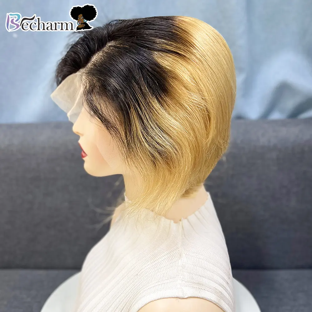 Groothandel Maagdelijke Cuticula Uitgelijnd Menselijk Haar, Goedkope 13X4 Pixie Cut 1b/27 Ombre Kleur Korte Bob Hd Lace Front Pruik Voor Zwarte Vrouwen