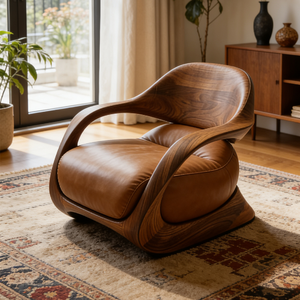 <span class=keywords><strong>Fauteuil</strong></span> <span class=keywords><strong>club</strong></span> en bois courbé nordique avec revêtement en <span class=keywords><strong>cuir</strong></span> marron, mobilier confortable pour appartement de luxe ou villa - Product Image 1