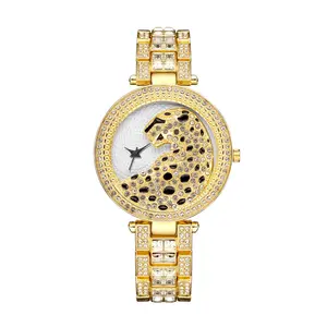 นาฬิกาข้อมือควอตซ์ฝังเพชรหัวเสือดาว3D สำหรับผู้หญิงนาฬิกาสไตล์ธุรกิจที่สวยงาม