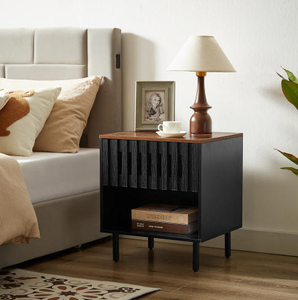 Modern Nightstands Grille Striped Doors Slatted Drawers Metal Legs <b>Bedside</b> Table Decorative End Tables for Living Room Home - Product Image 3