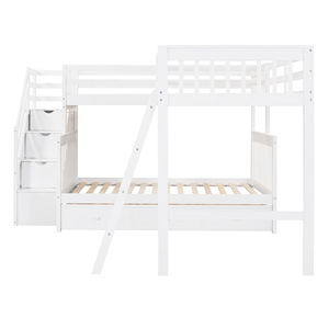 Lit superposé d'angle en bois massif blanc en forme de L avec rangement et double échelle pour enfants et adultes - Product Image 4
