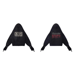 Wholesale High Quality European American Custom Logo High Street Fashion <b>Full</b> <b>Zip</b> <b>Hoodie</b> with Glove Loose Men's Cotton <b>Hoodie</b> - Product Image 5