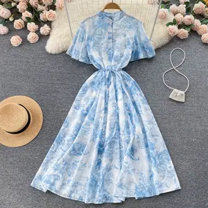 전체 슬리브 피터팬 칼라 인쇄 라인 드레스 여름 간단한 쉬폰 드레스 숙녀 Preppy 스타일 복장 도매