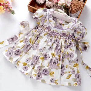 नवजात शिशु पोशाक smocked कपड़े छोटी लड़की के कपड़े पुष्प कश आस्तीन हस्तनिर्मित गर्मियों सफेद थोक कपास