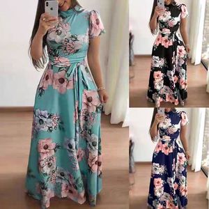 Vestido Largo de Verano para <span class=keywords><strong>Mujer</strong></span> 2026, Manga Larga/Corta, Estampado Floral, Cuello Alto, <span class=keywords><strong>Cinturón</strong></span>, Elegante, Casual, Tallas Grandes - Product Image 4
