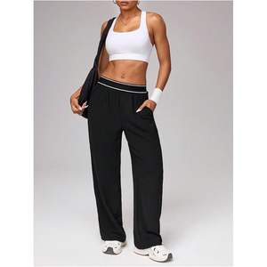 Pantalon de survêtement large pour femme, taille haute élastique, décontracté, ample, avec poches, en tissu tricoté respirant - Product Image 5