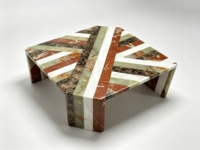 Table basse de luxe moderne en marbre naturel et onyx, incrustation géométrique multi-pierres, faite à la main par un designer italien, mobilier décoratif pour la maison