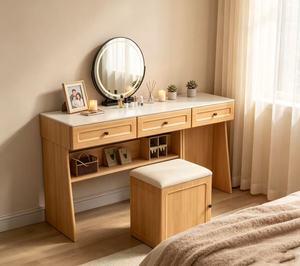 Premium Oak White Top Dressing Table Round <b>LED</b> <b>Mirror</b> Triple Drawer Open Compartment <b>Makeup</b> Vanity With Storage Stool - Product Image 1
