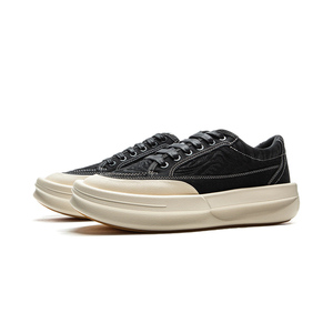 Trendy Unisex Chunky Platform Canvas <b>Sneakers</b> <b>Black</b> Upper White Sole Stitch Casual Daily Shoes - Product Image 1