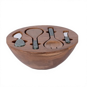 Bol de service en bois fait main avec porte-ustensiles et ensemble d'outils de service à poignée en marbre bleu fumé - Product Image 2