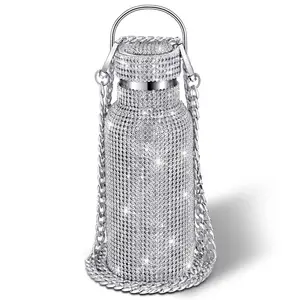 Özelleştirilmiş elmas gümüş parıltılı bling geniş ağız çift duvar taşınabilir ofis su şişesi