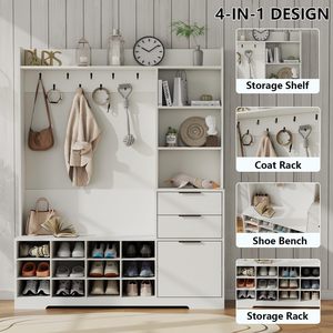 SENYU Farmhouse Entryway Hall Tree <b>Shoe</b> Storage <b>Cabinet</b> with Coat Rack <b>Bench</b> 6 Hooks 5 Shelves Multifunctional Furniture - Product Image 6