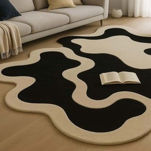 Irregular <b>Hand</b> <b>Tufted</b> Area <b>Rug</b>, Modern Abstract Black Ivory Wool <b>Rug</b> Mid Century Statement Designer Carpet for Livingroom Decor - Product Image 5