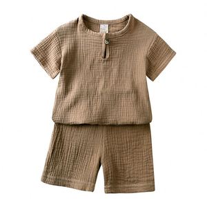 夏季儿童男童纯色休闲套装棉麻短袖T恤短裤两件套男童衣服套装 - Product Image 2