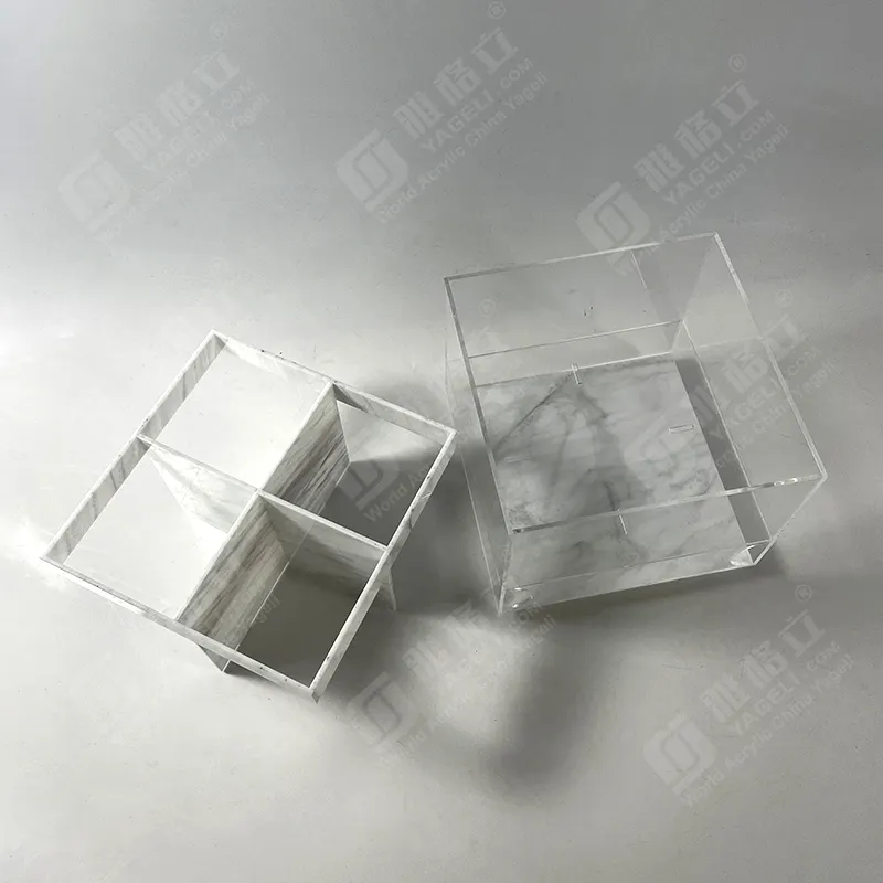 Kotak penyimpanan dasar berputar, kotak penyimpanan Modern 4 slot kubus bening halus dengan pola marmer dan partisi yang dapat dilepas
