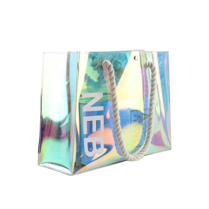Custom Holographic PVC Shopping Clear Tote Gift Bag Transparent Laser Beach Shopping Bag with Thick Rope Handle