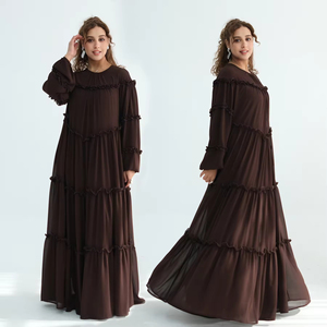 Wholesale Islamic Women's Floor Length Double Layer Chiffon Tiered Ruffle Elegant Solid <b>Long</b> Sleeve <b>Dress</b> <b>for</b> Wedding & <b>Eid</b> - Product Image 2