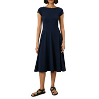 Robe midi élégante pour femme à manches courtes et col bateau, coupe évasée unie avec poches latérales, idéale pour le bureau