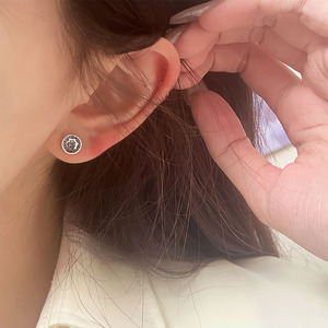 S925 Sterling <b>Silver</b> Round <b>Stud</b> Earrings With Tibetan Character Design For Everyday Wear - Product Image 3
