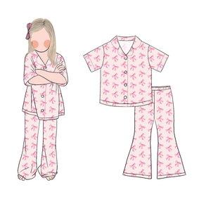 بيجامة بنات بأكمام قصيرة وأزرار قابلة للتنفس مع سروال واسع للأطفال والصغار بالجملة - Product Image 5