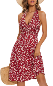 Robe mini polyvalente à imprimé bohème, coupe trapèze, ajustée, taille haute, col en V, sans manches, respirante et lavable - Product Image 3