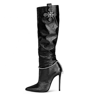 Green Patent Stiletto Style High Slim Heels <b>Shoes</b> Women Pointed Toe Bling Rhinestone Long Diamonds Flower Knee High Boots - Product Image 2
