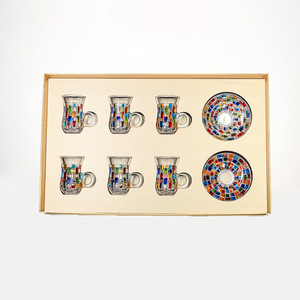 Hand Painted Glass Coffee Tea Cup Set 6 Cups 6 Saucers Colorful Mosaic Design Luxury Retro Gift Set - Product Image 1