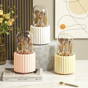 <b>Makeup</b> <b>Brush</b> Storage <b>Holder</b> <b>With</b> <b>Lid</b> Rotating Embossed Desktop Organizer For Cosmetic <b>Brushes</b> And Pencils Plastic Pink White - Product Image 1