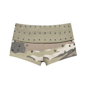 Mini-<span class=keywords><strong>short</strong></span> d'été pour <span class=keywords><strong>femme</strong></span> en 100% coton respirant, coupe régulière mi-haute, avec rivets métalliques et bordure retournée, style vintage, élastique - Product Image 1