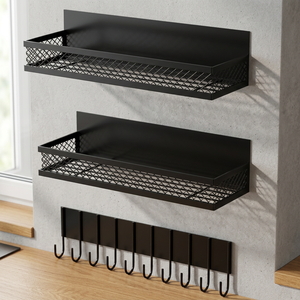Étagère de rangement murale en métal avec étagères en maille et crochets, style industriel, organisateurs à double niveau pour mur ou porte - Product Image 4