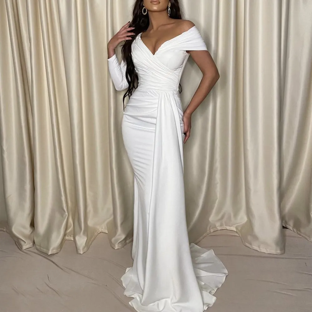 One Sleeve Pleated Floor Length White Evening Dress Bridesmaids Party Prom Gown With Ribbon for Women