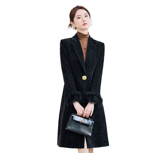 Women's Wool Trench Coat Black Long Slim Fit Warm Thickened Corduroy Coat With Pocket - Product Image 5