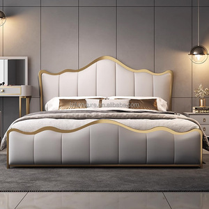 King-size Modern Leather <b>Bed</b> Gold Stainless Steel <b>Frame</b> Customizable High Double <b>Bed</b> Cushioned Upholstery Wooden <b>Soft</b> Home - Product Image 1