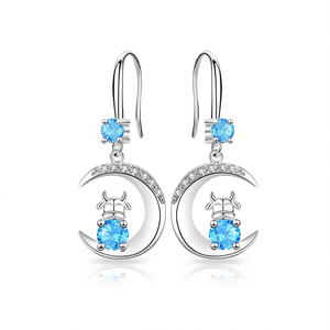 Pendientes con forma de luna y cristal azul, plata 925 chapada en rodio para mujer, joyería bonita para uso diario - Product Image 1