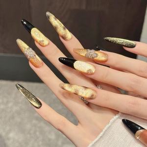 <span class=keywords><strong>Uñas</strong></span> Postizas Acrílicas de Cobertura Completa Estilo Francés Negro <span class=keywords><strong>con</strong></span> Ojo de Gato <span class=keywords><strong>Dorado</strong></span> Brillante, <span class=keywords><strong>Uñas</strong></span> Exquisitas Talladas a Mano <span class=keywords><strong>con</strong></span> Pegamento para Dedos - Product Image 2