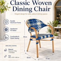 Fauteuil de bistrot français moderne et durable pour l'extérieur, bleu et blanc, en rotin PE tressé, avec structure en aluminium, pour restaurant, cour, jardin, balcon