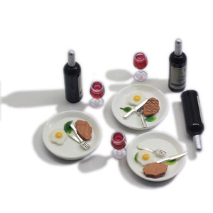 10 ensembles de miniatures pour maison de poupée : vin rouge, steak de bœuf, vaisselle, modèle alimentaire de cuisine, jouet décoratif, accessoires pour maison de poupée - Product Image 4
