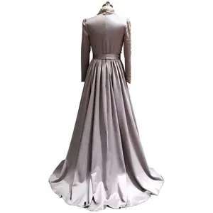 패션 아랍어 높은 목 긴 소매 구슬 이브닝 드레스 럭셔리 두바이 이슬람 이브닝 가운