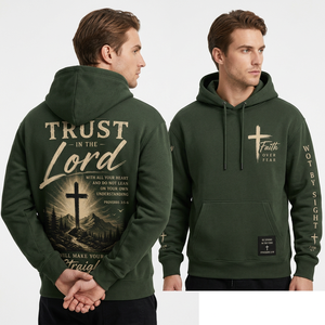 Sweat à capuche chrétien pour homme vert olive 100 % coton molletonné écologique respirant avec poches imprimé Faith Fear coupe classique décontracté - Product Image 3