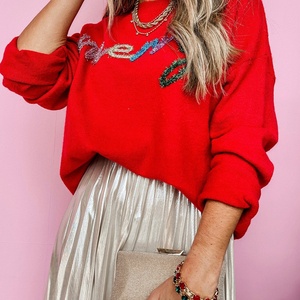 Shewin Venta al por Mayor Nueva Ropa de Boutique Otoño Invierno Logotipo Personalizado 2025 Suéter Holgado con Hombros Caídos y Letras Festivas Rojo Fuego con Lentejuelas - Product Image 3