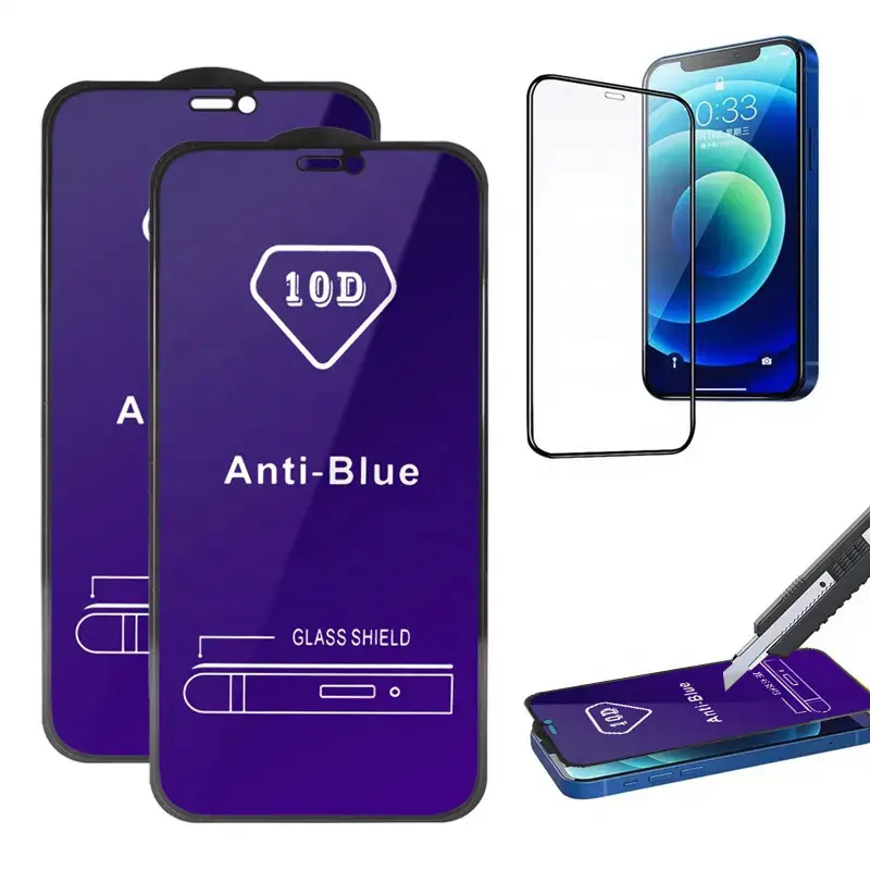 10D Anti Blue Light Tempered Glass Screen Protector for iPhone 15 14 13 12 Pro Max Plus Mini 11 X Xs Xr 8 7 SE2