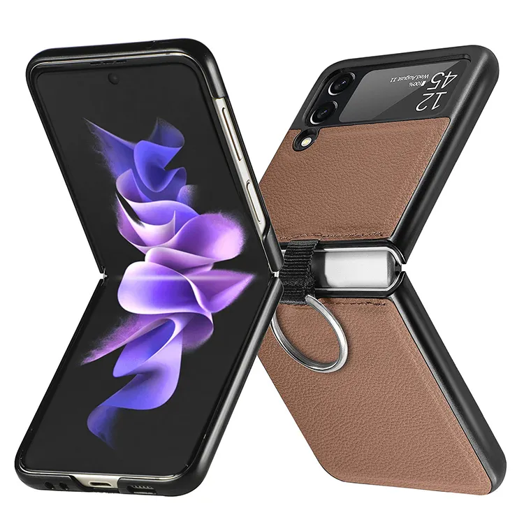Anti-risco com anel de dedo PU couro tampa traseira para Samsung Galaxy Z flip 3 caixa do telefone